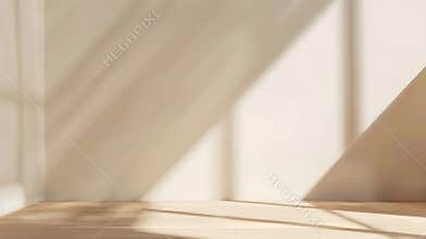 Generative AI Aesthetic geometric sunlight shadows on a white textured wall and beige wooden floor empty template