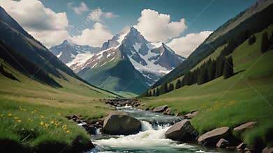 Beautiful Mountain Valley with a Stream Running 4K Loop