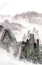 Chinese painting of high mountain landscape