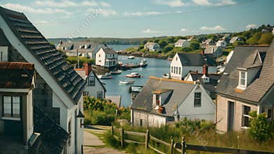 A harbor with various boats floating in the water, surrounded by a seaside village with charming cottages, A quaint seaside