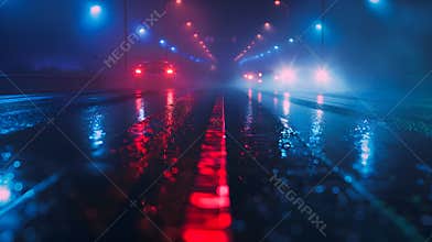 Generative AI View empty dark night blue foggy misty rainy highway city road backlight red traces low poor visibil