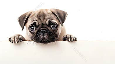 Generative AI Pug puppy peeking from behind empty board isolated on white background business concept.