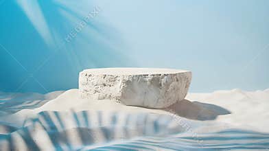 Generative AI Summer sand and tropical sea background with abstract stone podium business concept.