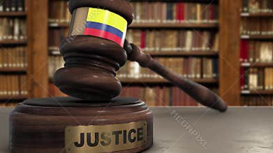 Colombia Flag on Judge Hammer in Court with Word Justice. Justice System Concept