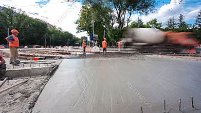 Road construction site with tram tracks repair and maintenance timelapse hyperlapse.