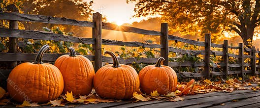 Pumpkin Patch In Autumn Photorealism Golden Hour. Generative AI
