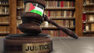 Palestine flag on judge hammer in court with word justice. Justice system concept