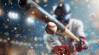 Baseball athlete in action on the stadium, close-up of baseball batter hitting the ball