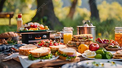 Picnic table with sandwiches, fruit, drinks, set against green trees.