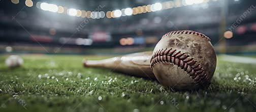Closeup view of an old baseball and traditional wood bat. Baseball background