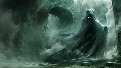 Wispy mist swirls and coalesces into the form of a ghastly apparition crawling out of an ancient tomb its eyes glowing