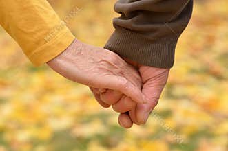 Elderly couple holding hands