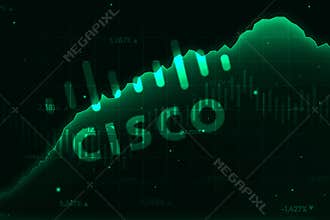 Cisco company showing profit with green graph going upward, background. Tech company cisco editorial backdrop