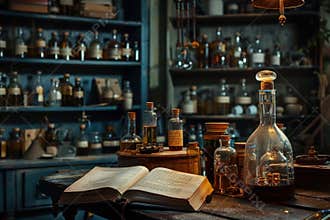Vintage apothecary, ancient medicine and alchemy concept