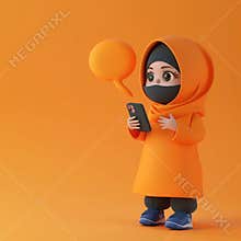 Digital Communication, Animation Concept. Woman in Hijab Using Smartphone with Speech Bubble.