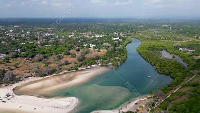 Aerial View of Green Mangrove Forest. Nature Landscape. Tropical Rainforest. Congo river diani beach, Kenya Africa.