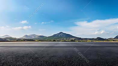 Generative AI Empty asphalt road and mountain nature scenery under blue sky business concept.