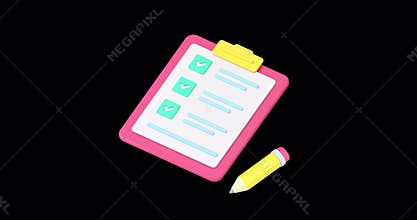 To do list complete notes writing task checkmark done clipboard pencil 3d icon animation with alpha channel