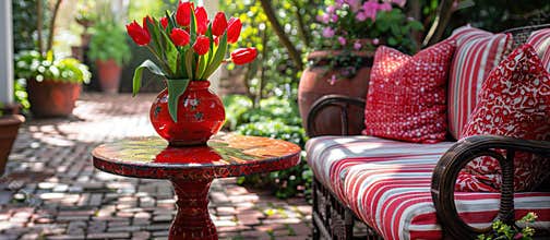 Red ceramic table with tulip bouquet