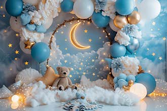A baby room with a teddy bear and a blue and white theme