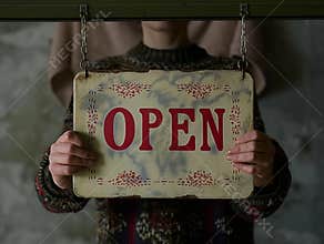 Vintage Open Sign Held by Person in Sweater
