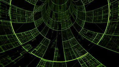 Seamless loop background with digital space tunnel made of morphing HUD elements with glow effect