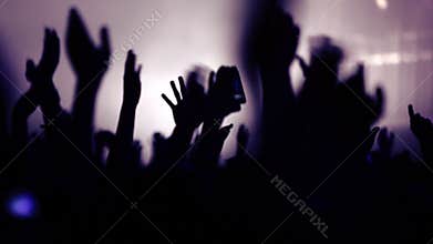 Many people clapping at rave party, view from