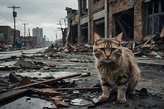 A cat in a street of a destroyed city
