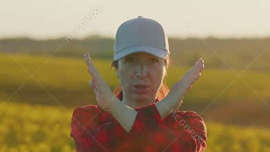 No Way. Serious Young Brunette Farmer Woman Showing Stop Hand Gesture Looking At Camera. Gorgeous Female Girl With