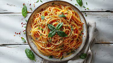 Delicious Spaghetti Pasta with Fresh Basil and Spices