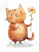Greeting card with cartoon cat gives a flowers. Happy birthday postcard on white background