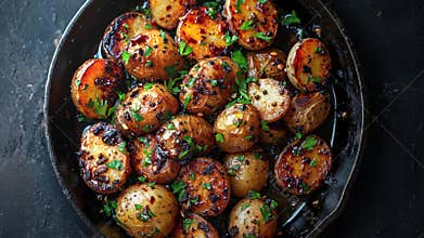 Close-Up Of Roasted Potatoes In A Skillet With Herbs