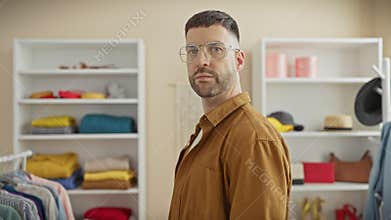 A young man with a beard and glasses stands thoughtfully in a trendy wardrobe room surrounded by colorful clothing and accessories