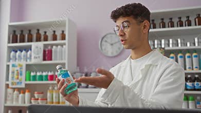 A young hispanic man in a pharmacy shop holds and explains a bottle of liquid medication amidst fully stocked shelves in an indoor