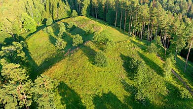 Scenic aerial view of Stirniai mound. Neris Regional Park, Vilnius, Lithuania.