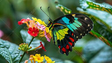A colorful butterfly perched on a brightly blooming flower representing the theutic effects of nature