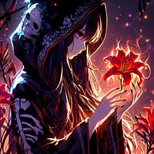 One anime girl with long black hair, holding a glowing fire flower, hood, wide sleeves, from side, fantasy, anime art, horor scene