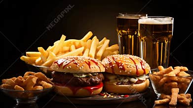 Grilled burgers with sesame seed buns, lettuce, and onions, served with crispy fries and ketchup. American, barbecue