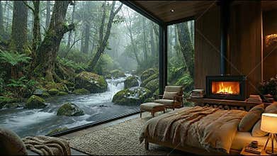 Cozy bedroom overlooking mystical temperate rainforest and rushing river through panoramic window with fireplace.