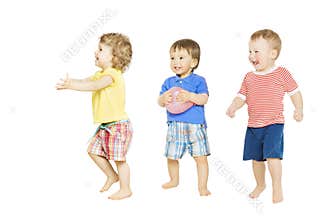 Children group playing toys. Small Kids isolated white background