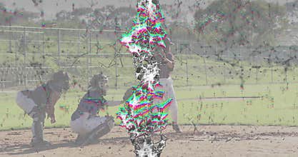 Swinging batter with team wearing jerseys and white pants at home plate, bat and glitch visible