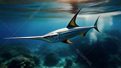 Swordfish cutting through ocean water at extreme speed with dynamic cinematic action and spray, 4K