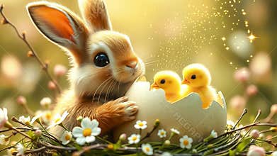 Easter bunny and Easter chicks in eggshells
