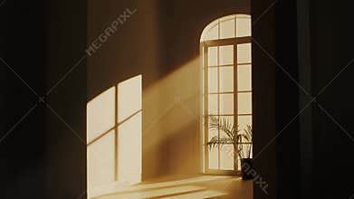 Golden sunlight illuminating empty room through arched window