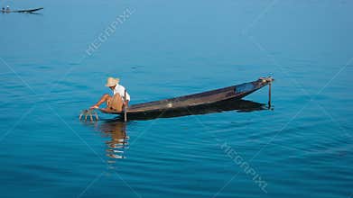 Burma, Inle Lake. Traditional fishing method with the trap