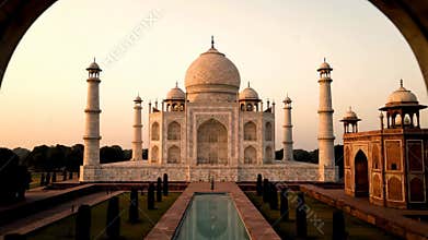 Iconic Taj Mahal Mausoleum at Sunrise in Agra, India