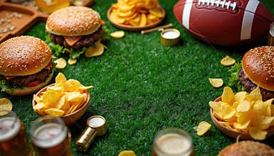 Table setup with burgers, chips, and beer on green grass for watching football game. American football ball placed on grass next