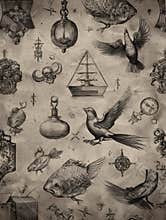 Engraving Inspired Paper Texture With Various Historical Illustrations of Fish, Birds, and Nautical Themes