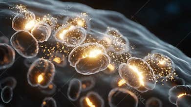 Illustration of Cluster of Cellular Processes with Molecular Details and Glowing Elements in Biomedical Presentation
