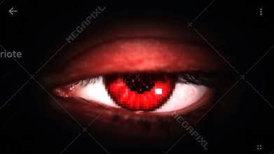 Dramatic Red Eye Close Up with Pixelated Lens Flare on Dark Background for Medical Visualization